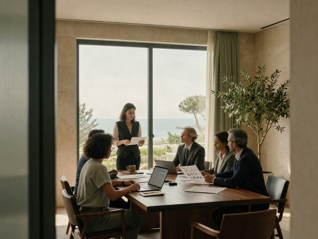 Consultants collaborating on business strategy in a sunlit Mediterranean boardroom