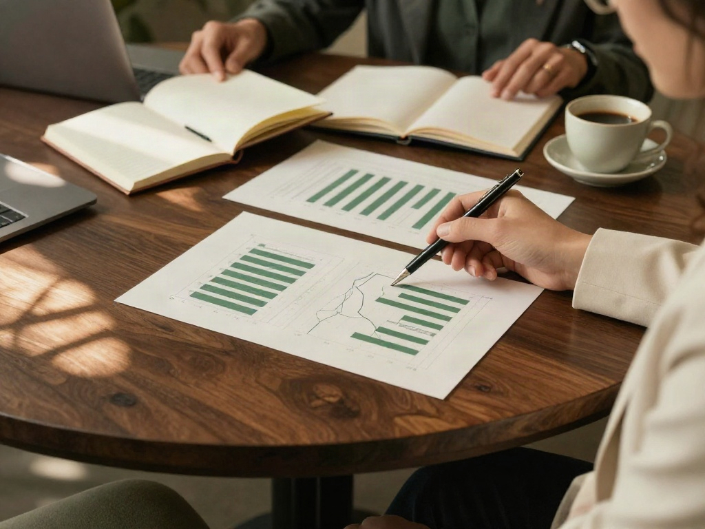 A close-up of a collaborative business review with charts, notebooks, and strategy documents